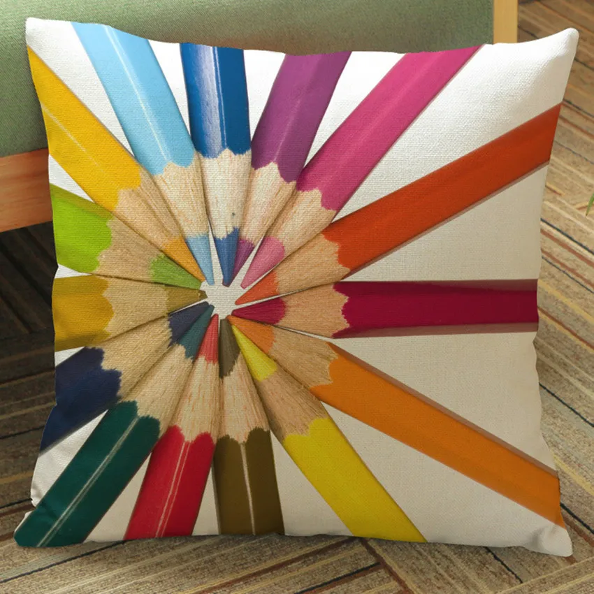 Colorful Pencils Geometric Cushion Cover Nordic Cartoon Style Cotton Linen Home Decorative Sofa Chair Throw Pillow Case cojines