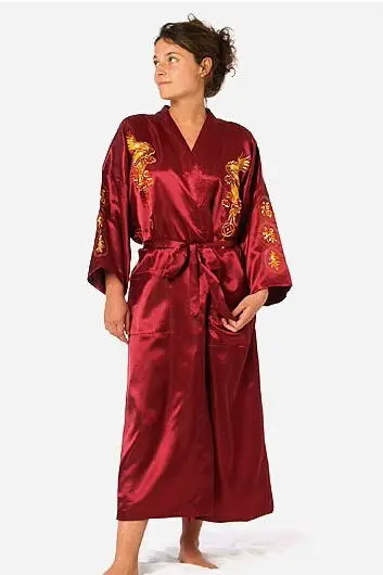 Burgundy Chinese Women\'s Traditional Silk Satin Robe Embroidery Dragon Kimono Yukata Bath Gown Oversize S M L XL XXL XXXL A135