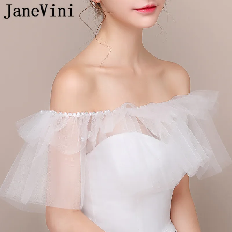 

JaneVini Simple Tulle Off Shoulder Bridal Wedding Bolero White Pearls Decoration Lebanon Cheap Lace-Up Bride Wraps Accessories