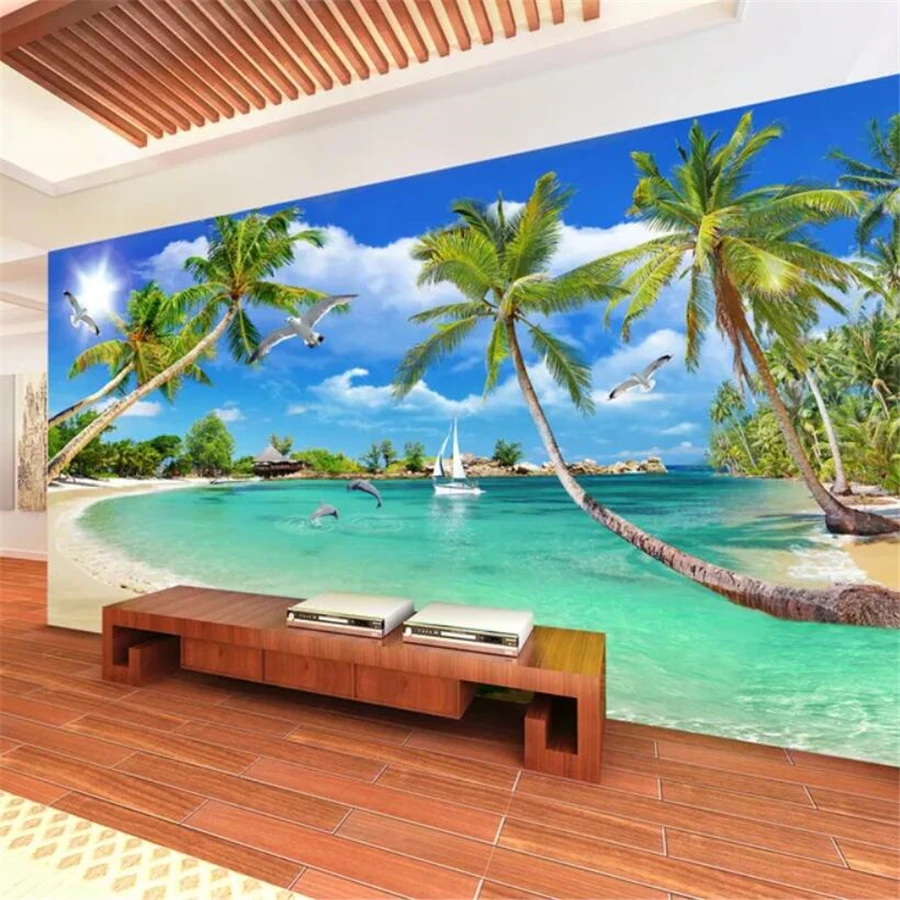 Custom wallpaper 3D mural Hawaiian beach coconut tree TV background wall can bedroom hotel sea view room decoration 3d wallpaper