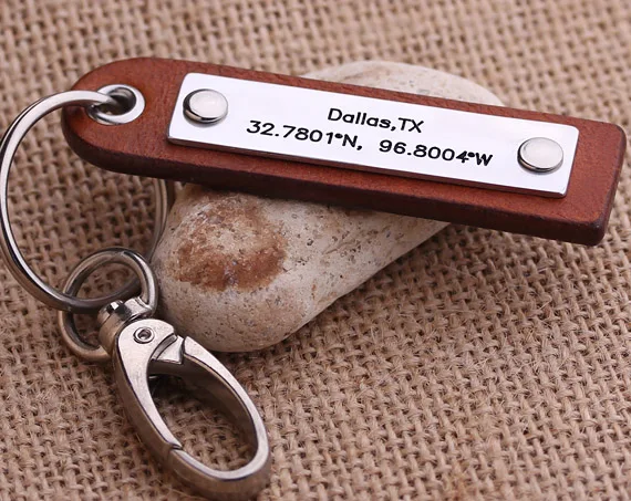 GPS Coordinate keychain- Personalized her key chain- Latitude Longitude key ring - Anniversary, Wedding, Valentines Gift