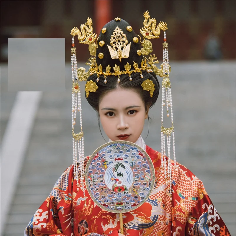 Tu Si Site-Hai Long Tun Ming Dynasty Hair Tiara Set Chinese Vintage Hand Carving Headwear Empress Hair Accesory Headwear