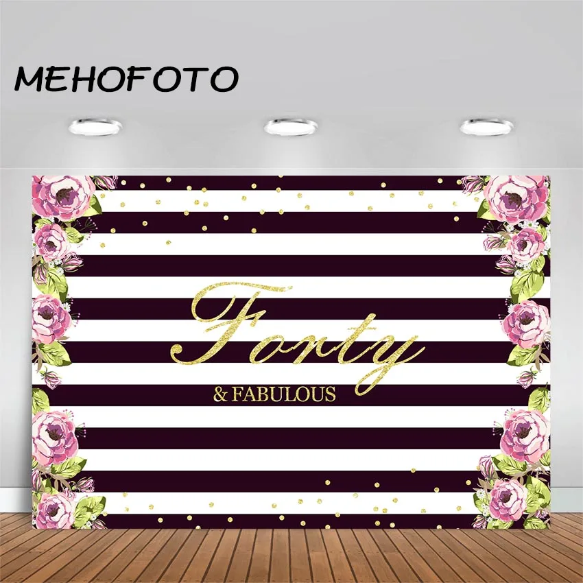 

Forty and Fabulous Backdrop Flower Stripes 40th Birthday Photography Background Women 40th Birthday Party Backdrops