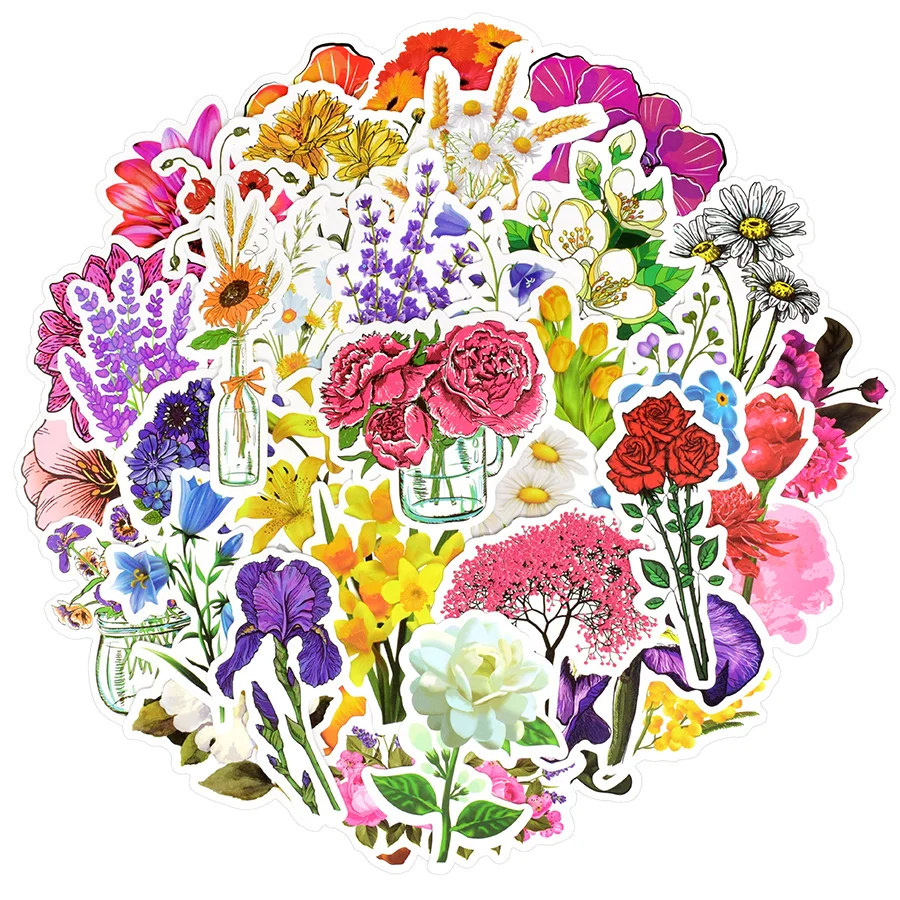 50 PCS Flowers Sticker Colorful Plant Cute Painting Creative Stickers to DIY Scrapbooking Laptop Suitcase Fridge Guitar Cup Car