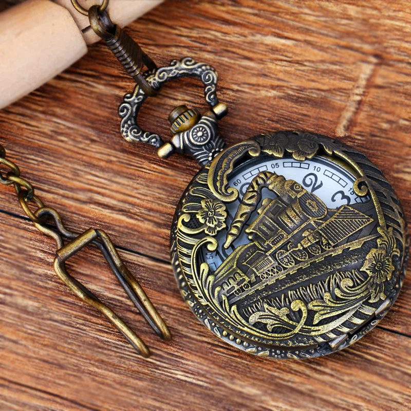 Embossed Running Steam Train Pocket Watch Chain Bronze Metal Dress Casual Men Women Fob Watch Antique Fashion
