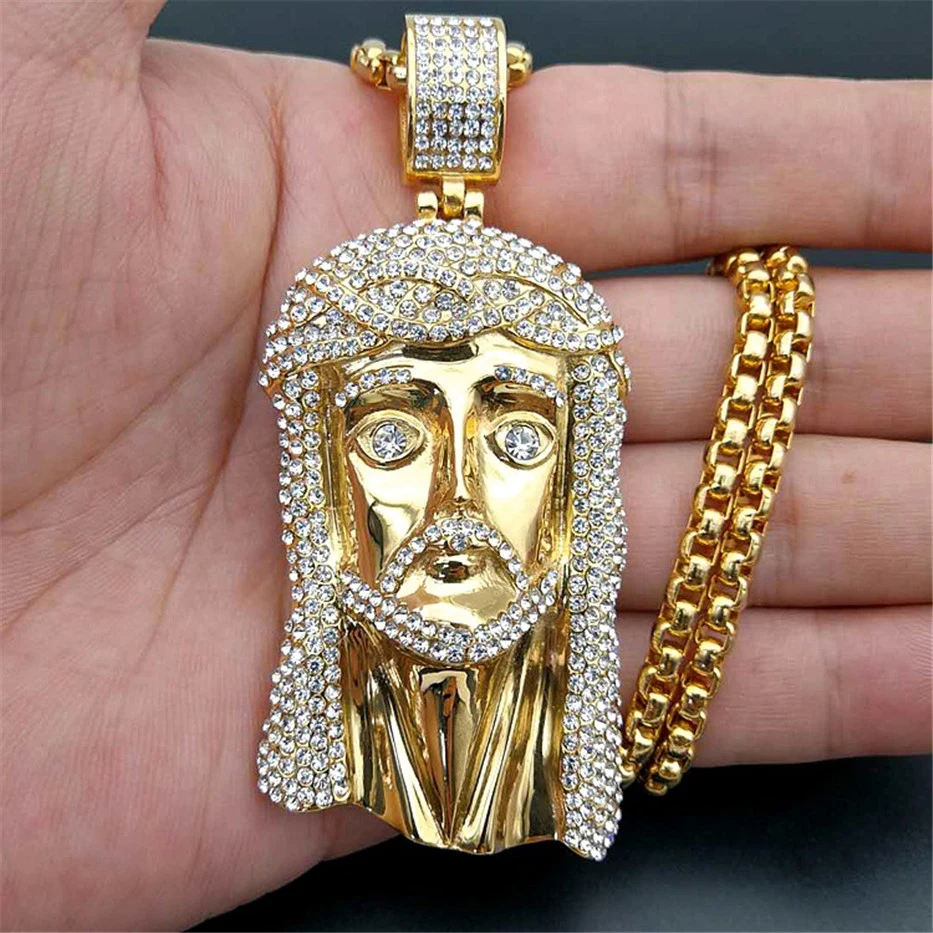 Golden Big Jesus Christ Head Stainless Steel Necklace Pendant With Chain For Men Iced Out Rhinestones Hip Hop Christian Jewelry