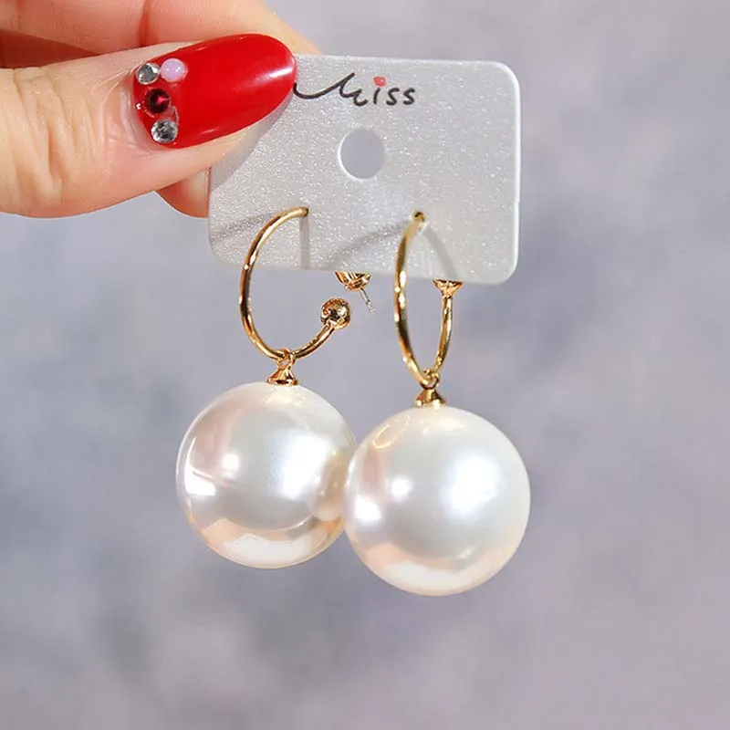 Real 925 Sterling Silver Needle Hoop Earrings for Women Jewelry Gold Red Pearl Wedding Party Female Round Ball Earrings