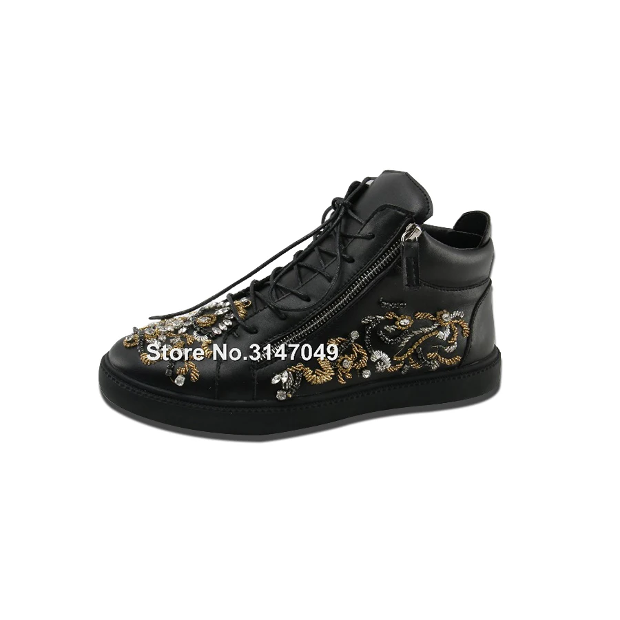 OKHOTCN Black Leather Side Zip Men Casual Shoes Designer Rhinestone Floral Men Sneakers Crystal Spiked Lace UP Chaussure Homme