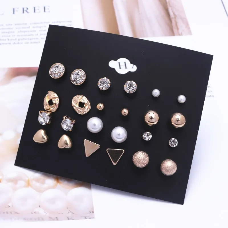 Trendy 12 Pairs/Set Cute Triangle Crystal Heart Stud Earrings for Women Ball Simulated Pearl Flower Brincos