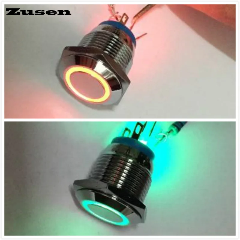 Zusen 16 مللي متر ثنائي اللون مفتاح بـزر دفع أحمر أخضر لحظة/حلقة مضيئة ثلاثة دبابيس Led (ZS16F-10E/J/RG/N)