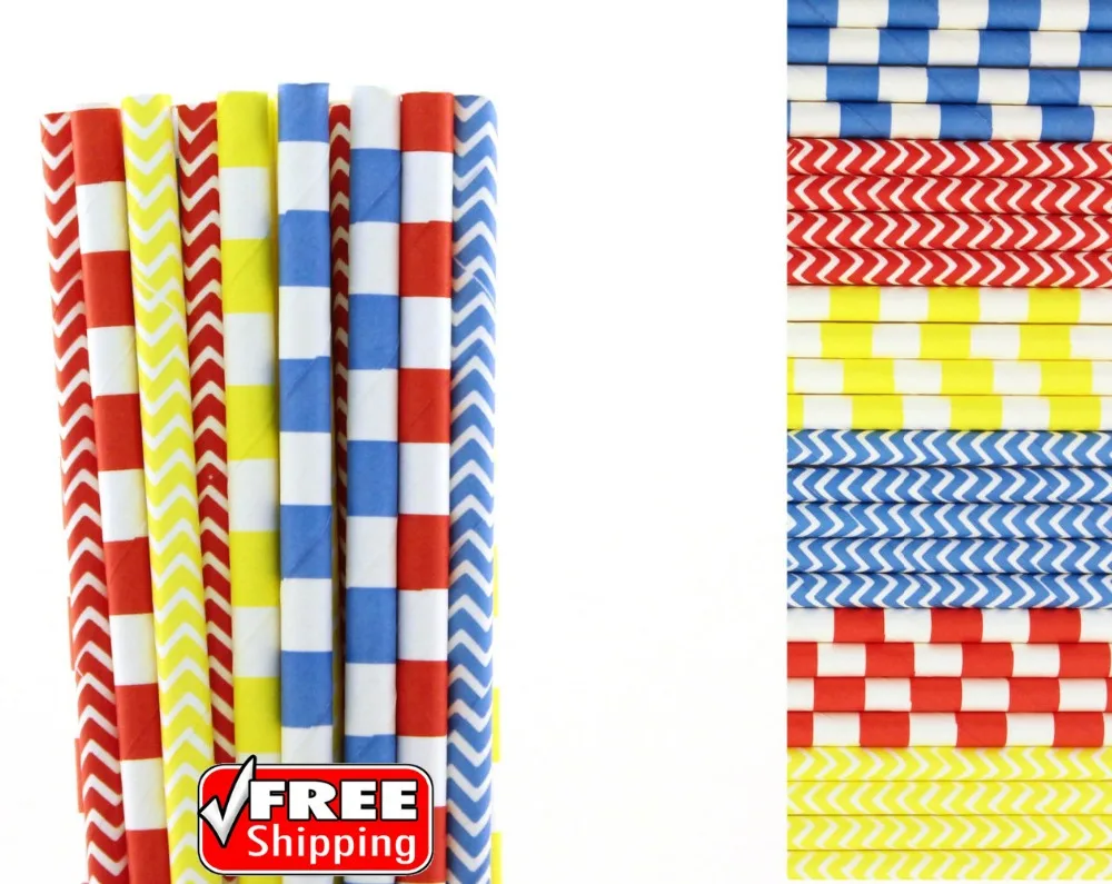 150 Pcs Mid 6 Designs Red Blue and Yellow Themed Paper Straws-Sailor Striped,Zig Zag Chevron Train Superhero Birthday Party DIY