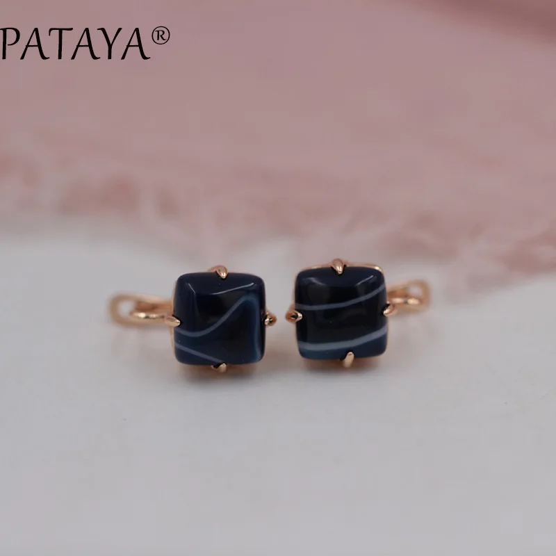 PATAYA New Arrivals Square Stripe Onyx Natural Stone Earrings 585 Rose Gold Color Dangle Earring Women India Jewelry Multicolor