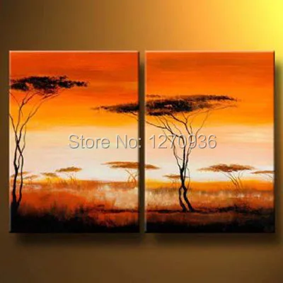 Orange-red Autumn Landscape Clear Sky Huge Tree in Grasslands Decorative Painting 100% Handmade Oil Painting On Canvas Paintings