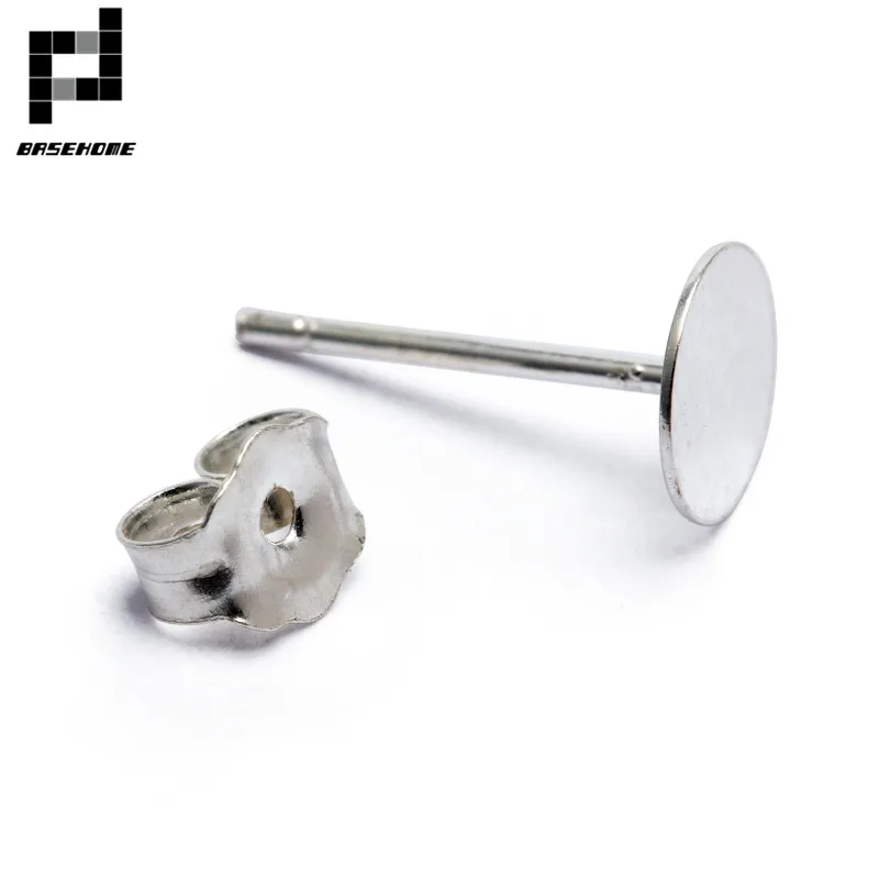 BASEHOME 4pcs 925 Sterling Silver Earrings Settings Blank Round Base Cabochon Stud Ear Flat Base Posts Pure Plug Silver Earrings