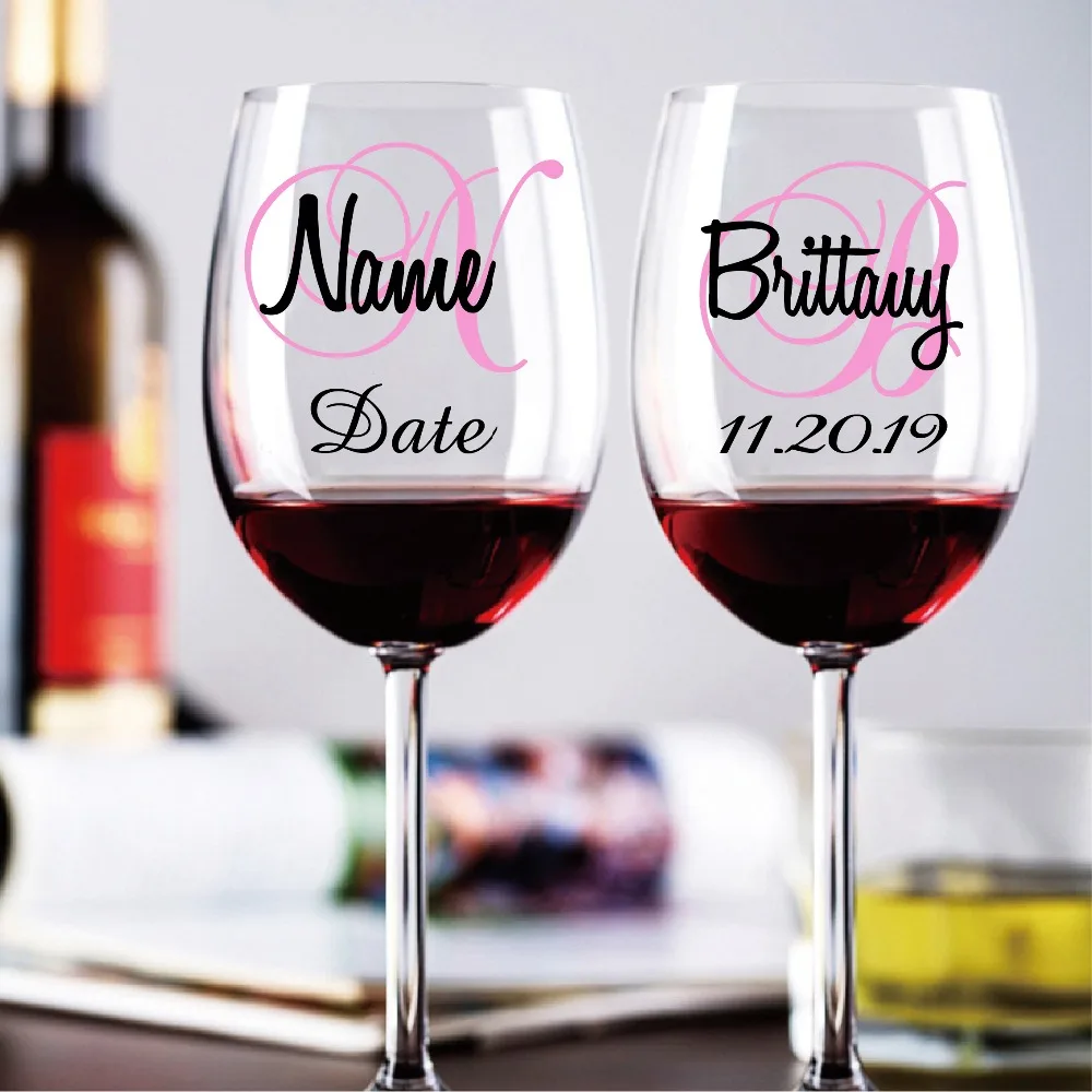 Personalized Wedding Wine Glass Decal Custom Monogram With Name And Date Vinyl Sticker Decals Wedding Bridal Party Decoration