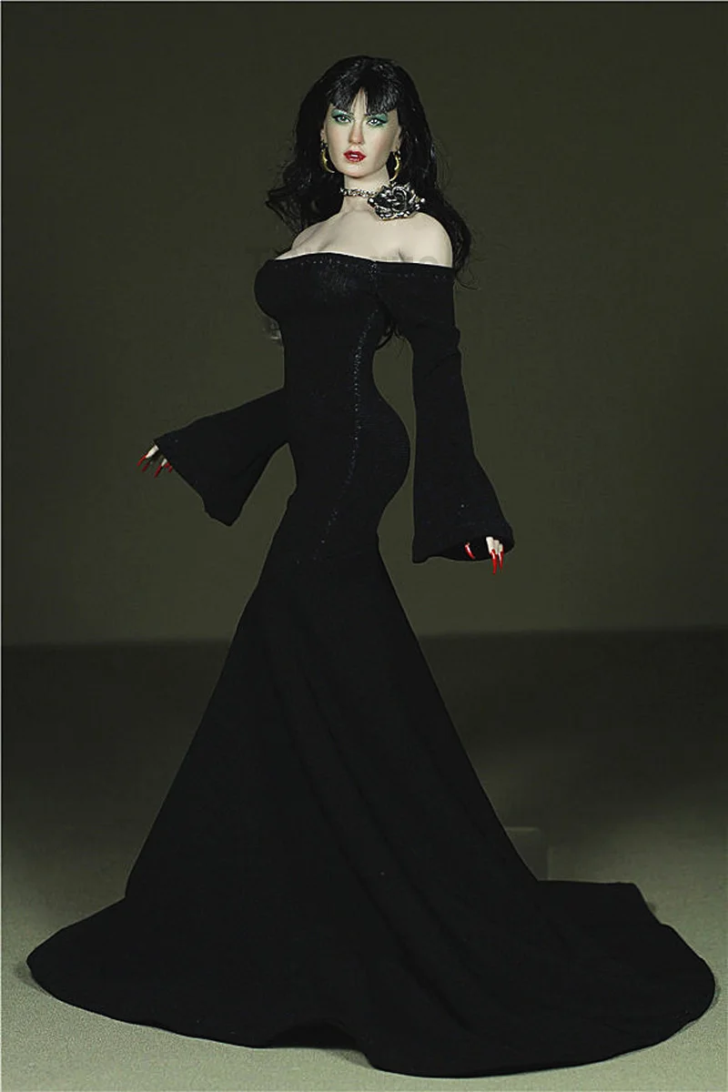 Custom Made 1/6 Scale Double-sleeved dragging skirt Dress For 12inch Action figure toys Phicen Tbleague JIAOUL Doll Black Rose