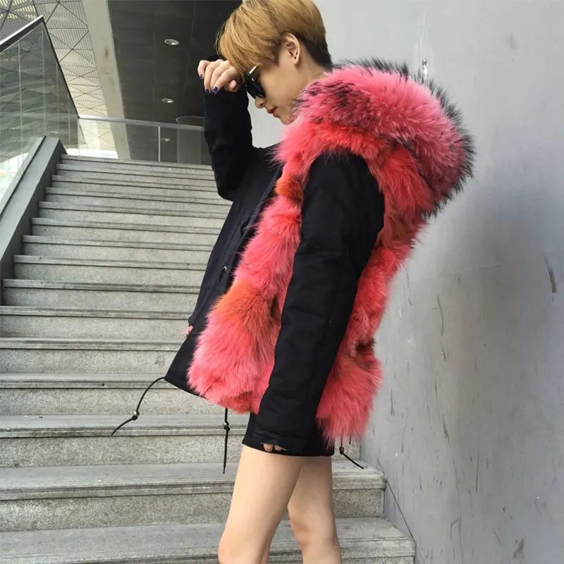 New Arrival Coral Red Fox Fur Lined Parka Short Black Cotton Overcoat For Women Big Raccoon Fur Hooded Jacket