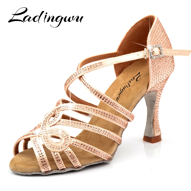 Ladingwu Women's Soft Bottom Silk Satin Latin Salsa Dance Shoes Champagne Rhinestone Embellished Ballroom Party Wedding