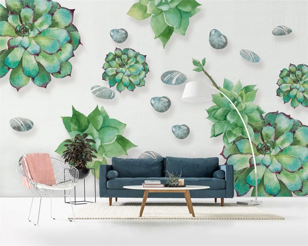 

Beibehang Custom wallpaper fresh and beautiful succulent plants watercolor style TV background murals decoration 3d wallpaper