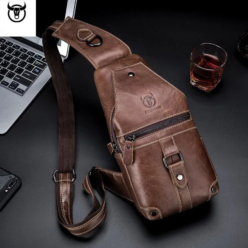 Bolsa de Ombro de Couro Genuíno para Homens Bolsa Peito Bolsa Crossbody Estilo de Marca Bolsa Mensageiro Masculina, Moda