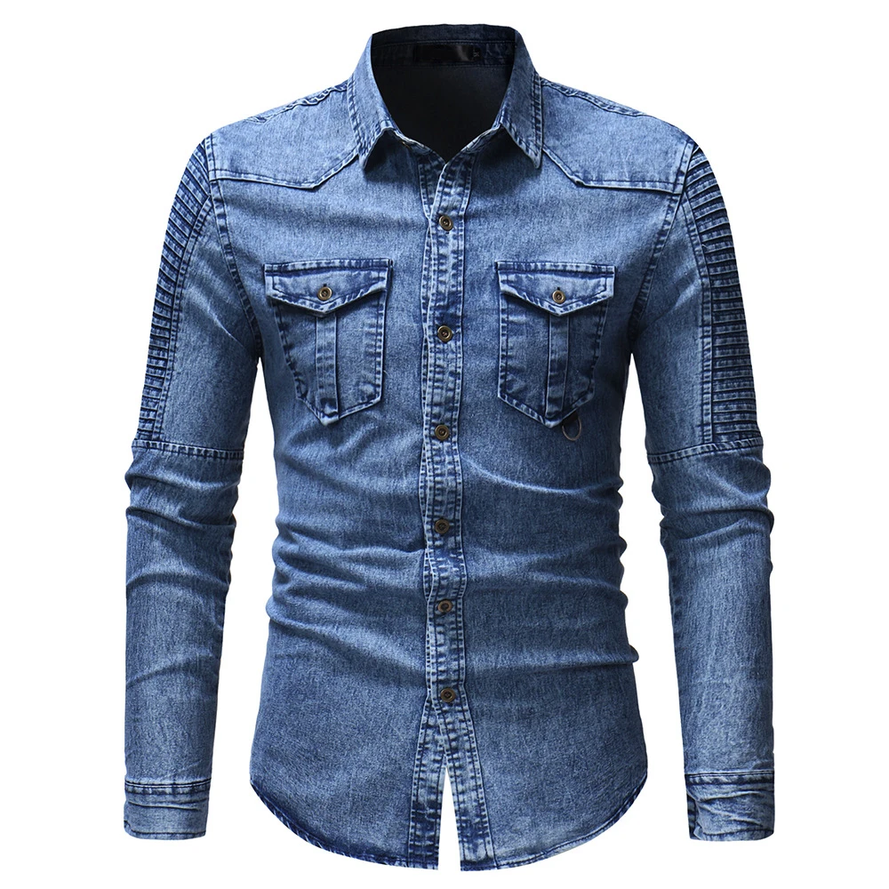 Men\'s Shirts Spring Autumn Fashion Pleated Stitching Denim Shirts Men Casual Washed Motorcycle Jean Shirt Coat Male