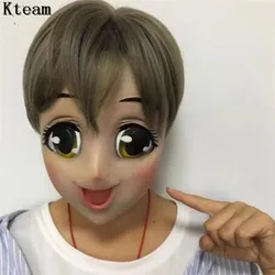 Kobieta słodka dziewczyna pół głowy Kigurumi maska z BJD oczy kreskówka Cosplay japońskie Anime rola Lolita maska Crossdress Doll