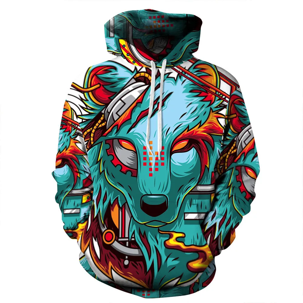 

[EL BARCO] Autumn Winter 3D Wolf Print Hoodie Sweatshirts Men/Women Soft Cotton Slim Funny Hip Hop Male Hooded Tops Outwear Coat