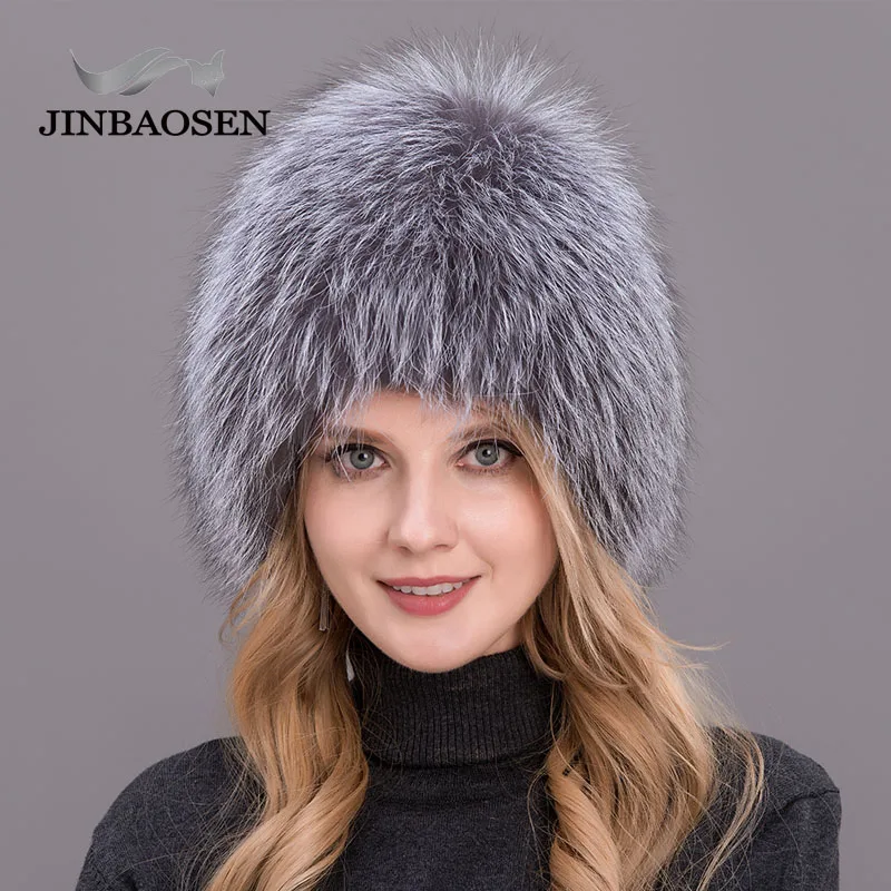 JINBAOSEN  Women\'s Fur Hat Natural Fox Hat Winter Thic and Warm Ears Fashionable Knitted Ski Caps