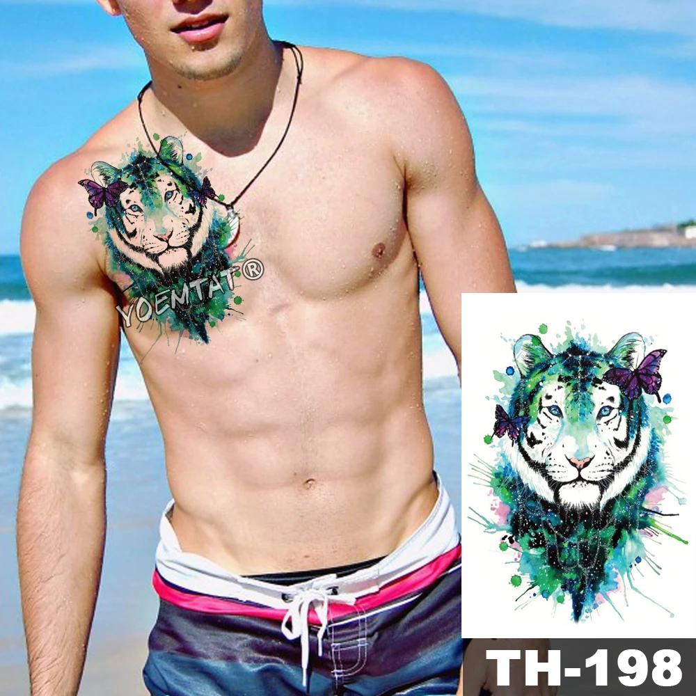 

Waterproof Temporary Tattoo Sticker Watercolor green tiger butterfly pattern animals Water Transfer body art flash fake tatoo