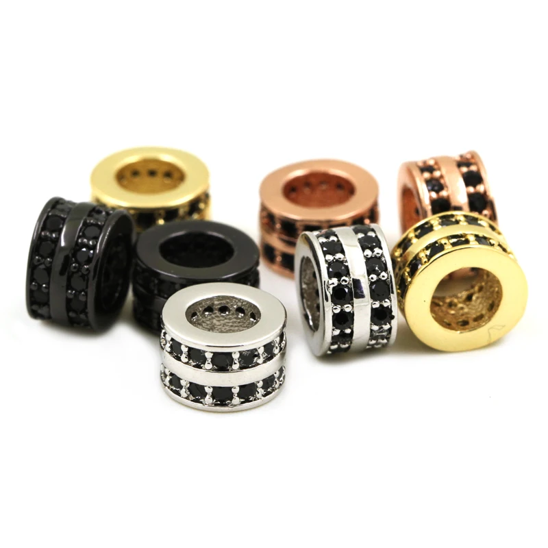 3pcs/Lot Round Tube Spacer Beads Tow Rows Micro Pave Balck CZ Big Hole Slider Accessories For Necklace Bracelet  Jewelry Making