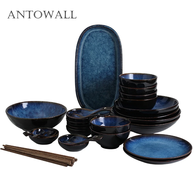 ANTOWALL Dim Blue Ceramic Tableware Dinner Set Bowl Dishes Plate Services Set Porcelain Tableware