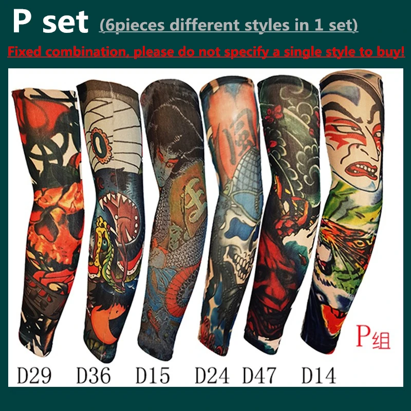 6pcs/Set Anti-UV Sunscreen Super Elastic Tattoo Arm Sleeves Warmers ,Hip-hop Rock,Fashion Cool Sporting Protection Long Gloves