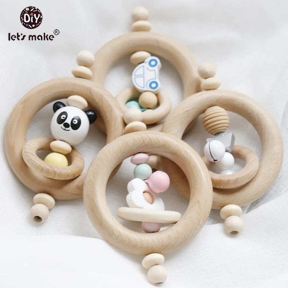 Let's Make Baby Teether Educational Toys 1PC Rattle Panda Rings Food Grade Flower Rough Beads PVC Free Wooden Blanks Bed Bell