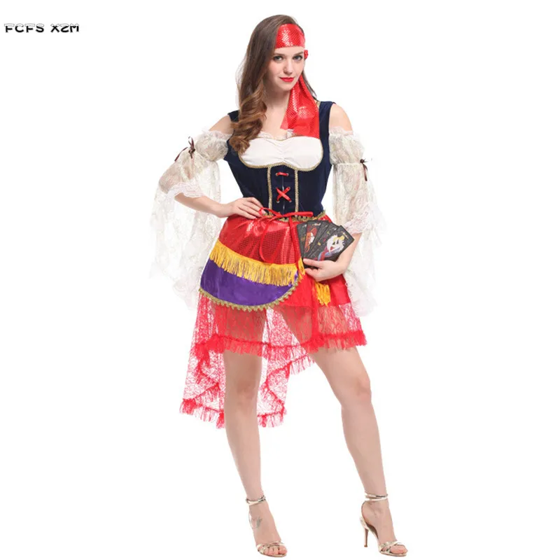 S-M Women Halloween Gypsy Diviner Costumes Female Tarot Augur Cosplay Carnival Purim Stage Show Nightclub Role Play Party Dress