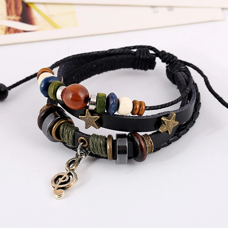 Handmade Boho Gypsy Hippie Design Brown Leather Star G Clef Note Metal Charms Wood Button Beads Wrap Unisex Adjustable Bracelet