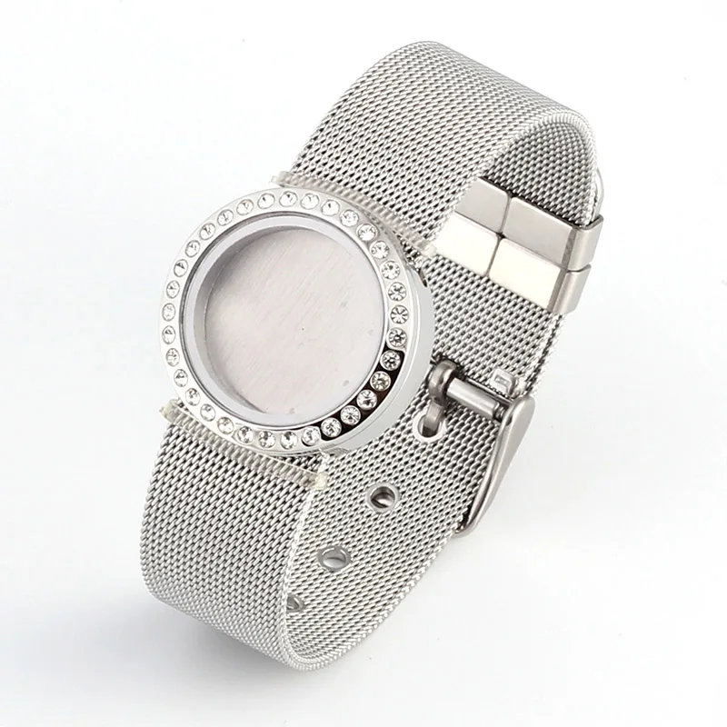 316L Stainless Steel Waterproof 25mm/30mm Screw Top Floating Locket Bracelet with Mesh Watchband