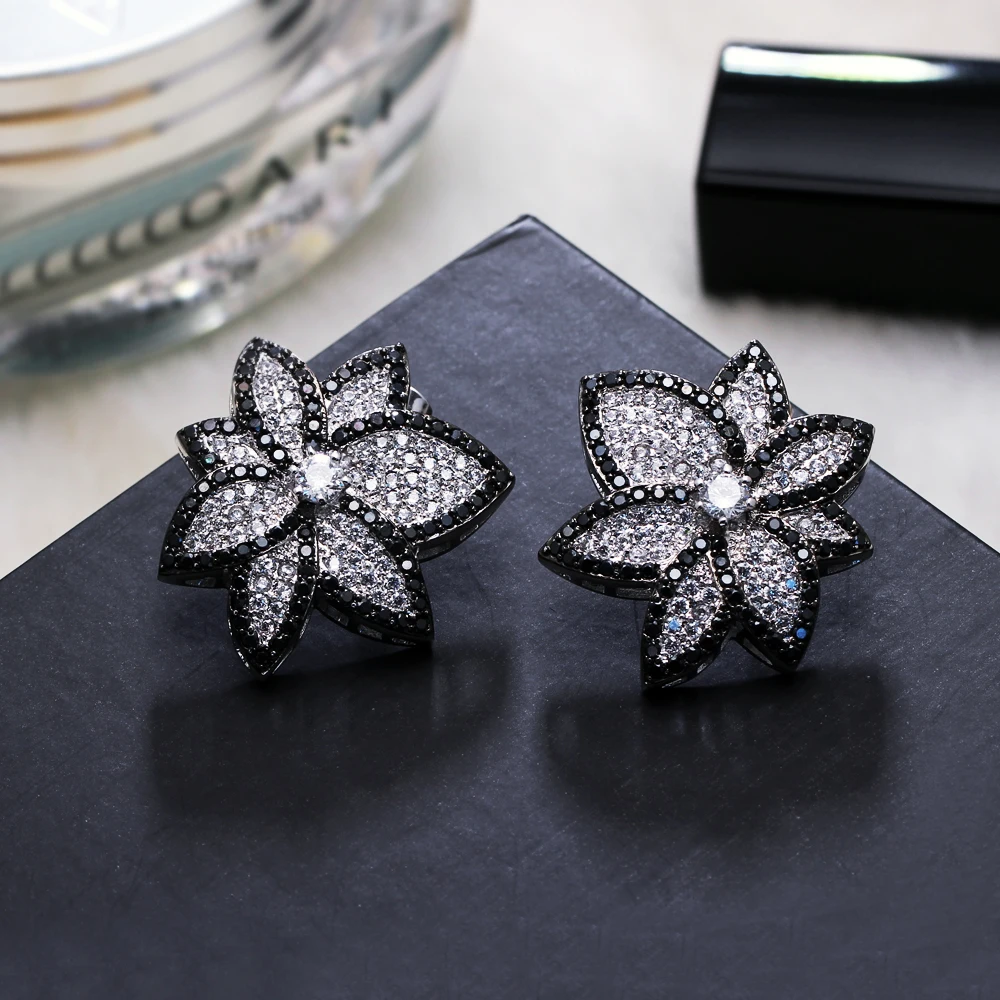 Big Black and White Stud Earrings Micro Pave Jet/Clear CZ Stones Brass Metal jewelry Flower Earrings for party