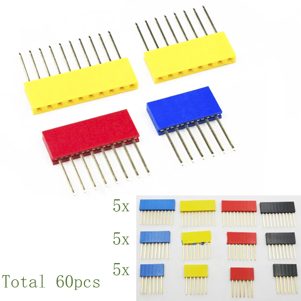 60pcs Colored 2.54mm Single Row Straight Pin Header Female Socket 11mm Long Pin PCB Connectors