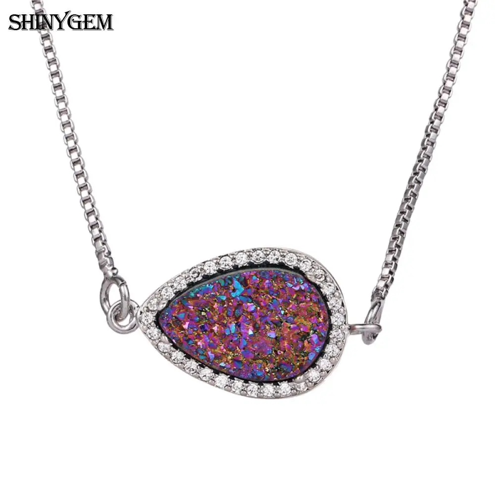 

ShinyGem Water Drop Crystal Pendant Necklace Peacock Eye Colorful Druzy Natural Stone Necklace Silver Plated Necklaces For Women