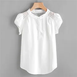 2023 Hot Women Blouse Tops Summer Hollow Top Casual Loose Short Sleeve Solid V-neck Chiffon Blouses Female Shirts Vest Blusa