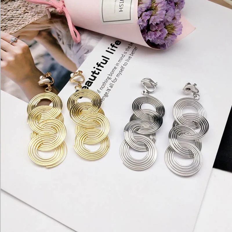 Spiral Long Clip Earrings Non Piercing For Women Girls Gold Silver Color Female Hanging Earring Fashion Ear Jewelry Brinco