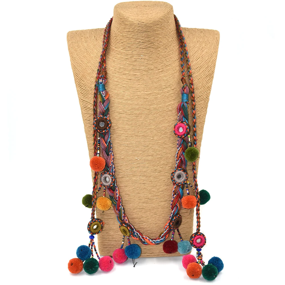 Colthing Accessories Bohemian Pompoms Charm Long Beaded Chains Necklace Handmade Velvet Ball Pompous Tassel Boho Maxi Necklace