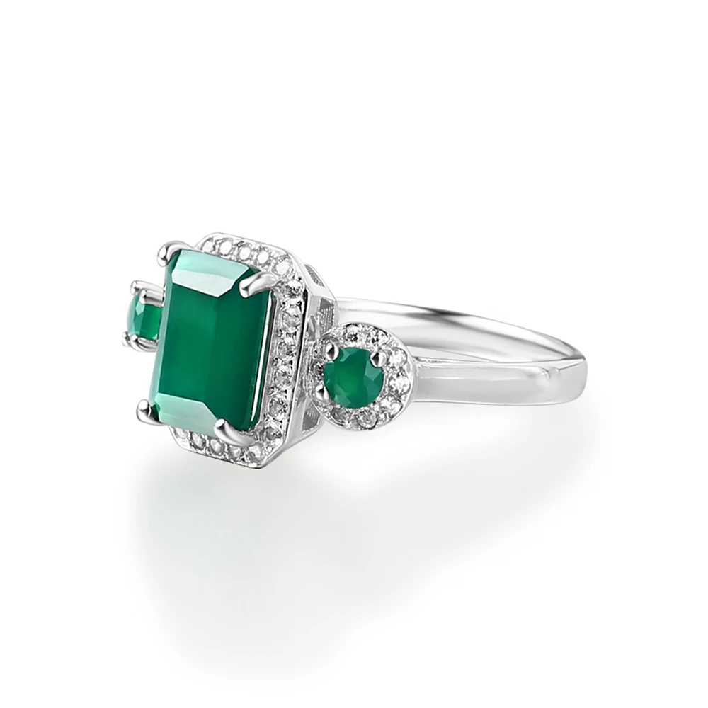 Gem\'s Ballet  2.28Ct Emerald Cut Natural Green Agate Gemstone Vintage Rings Solid 925 Sterling Silver Fine Jewelry For Women