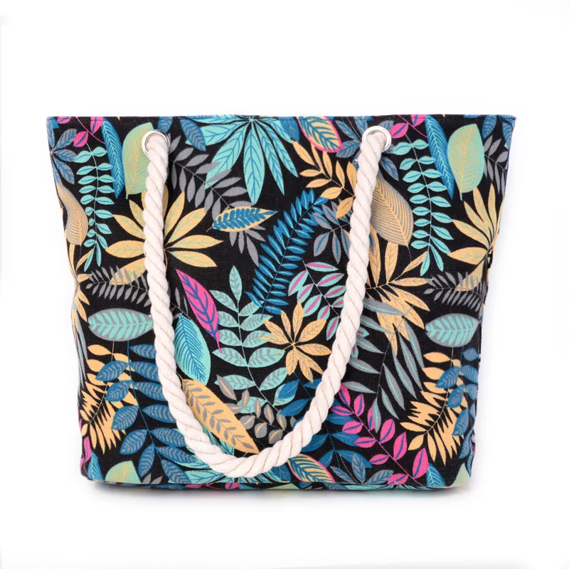 Foldable Shopping Bags Zipper Portable Leaf Print Beach Shopping Tote Bag Large Capacity Reusable Handbags for women Summer 2022