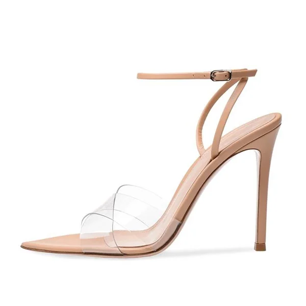 Clear Transpatent PVC High Heel Sandals Stiletto Heeled Narrow Ankle Straps Buckle Strappy Pointed Open Toe Party Dress Shoes