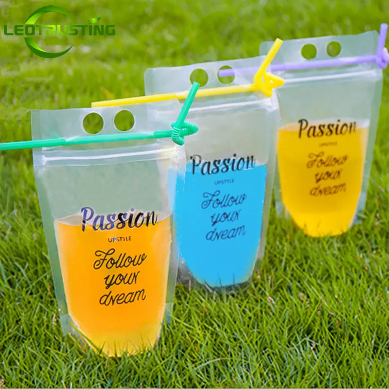 

100pcs Bags + 100pcs Straws 450ml~500ml Clear Plastic Drinking Passion Bag Juice Coffee Milk Beer Portable Wedding Party Pouches