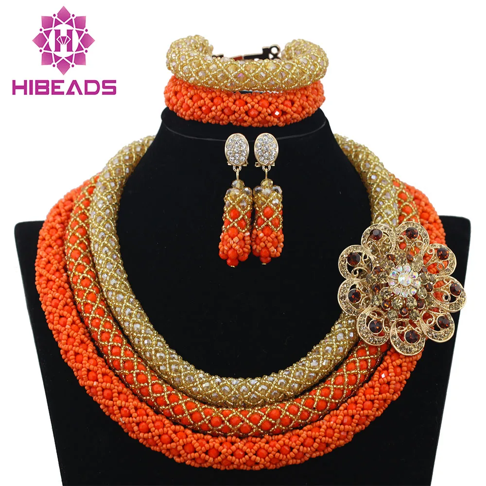 Fashion 3 Layers Nigerian Wedding African Beads Jewelry Set Dubai Orange Crysta Beads Bridal Jewelry Set Free Shipping ABF533