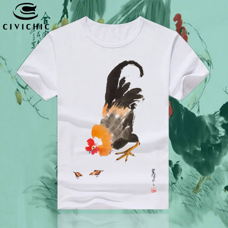 CIVI CHIC Oriental Short Sleeve Man Groot T Shirt Women Chinese Style Chicken Hen Cock Print Tops Ink Painting Loose Tees WST130