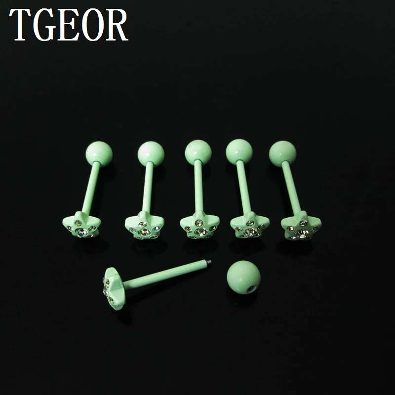 جديد 1 زوج 1.6*16*6/7 مللي متر نجمة جوهرة 6 بلورات اللسان الحديد الفولاذ المقاوم للصدأ مختلطة النيون ألوان ثقب اللسان خاتم شحن مجاني