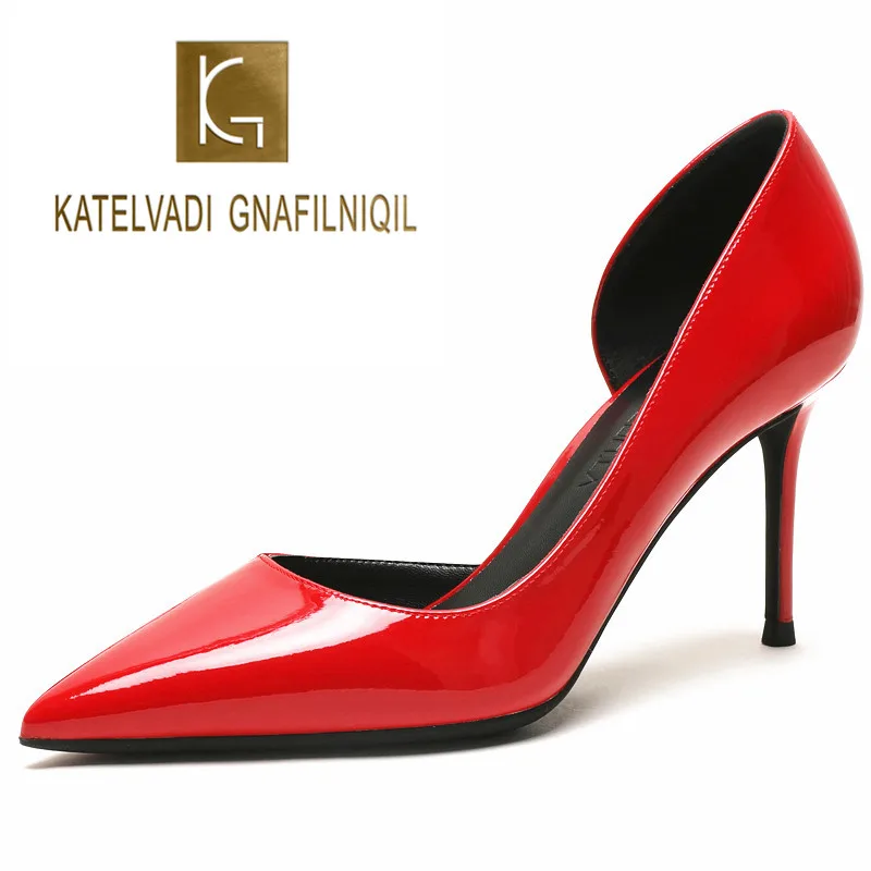 

KATELVADI Size 34-42 Sexy Pumps Women Shoes 8CM High Heels Pointed Toe Shoes Red Patent PU Women Wedding Heels K-366